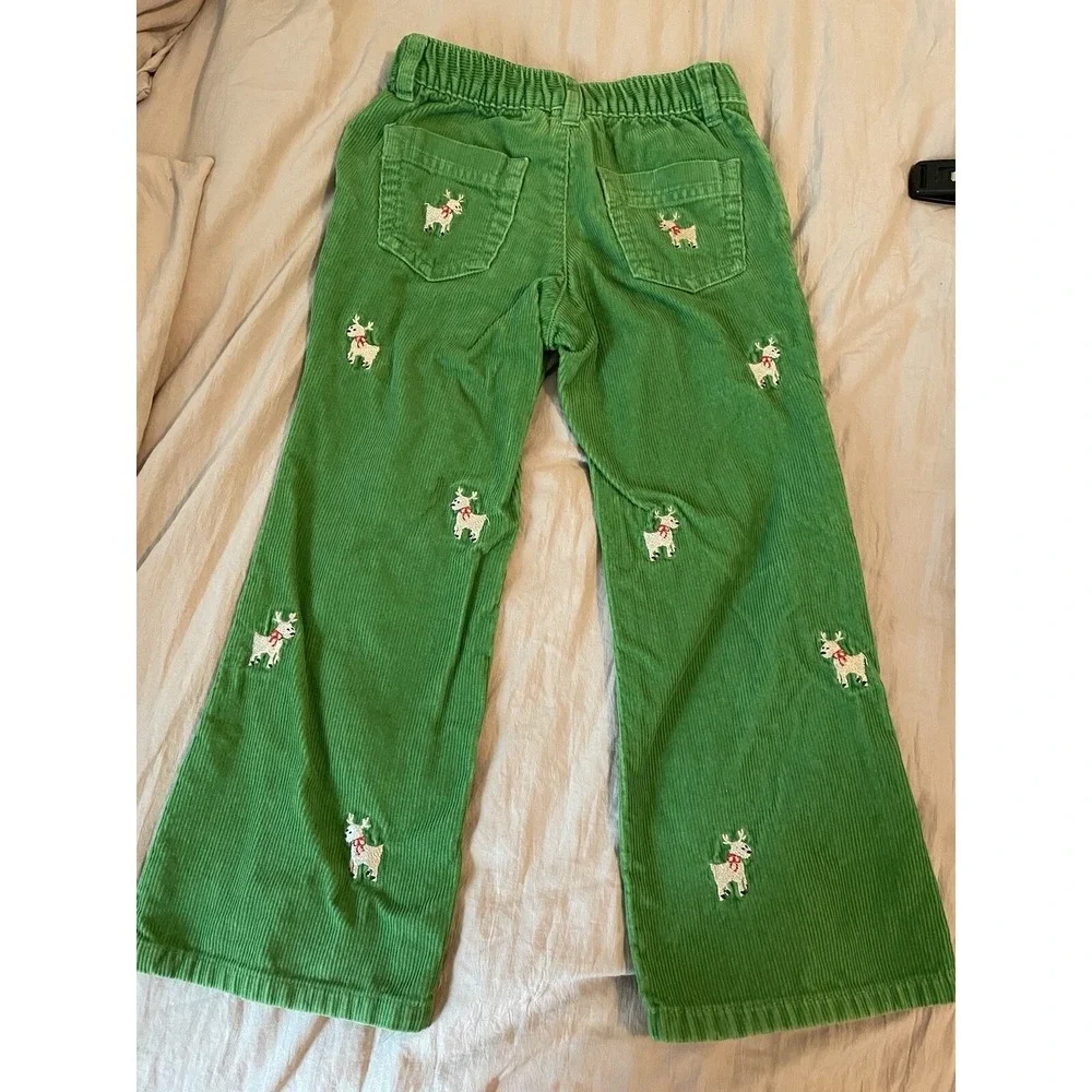 Lands End Kids Embroidered Reindeer Green Corduroy Pants Size 4 Girls Christmas